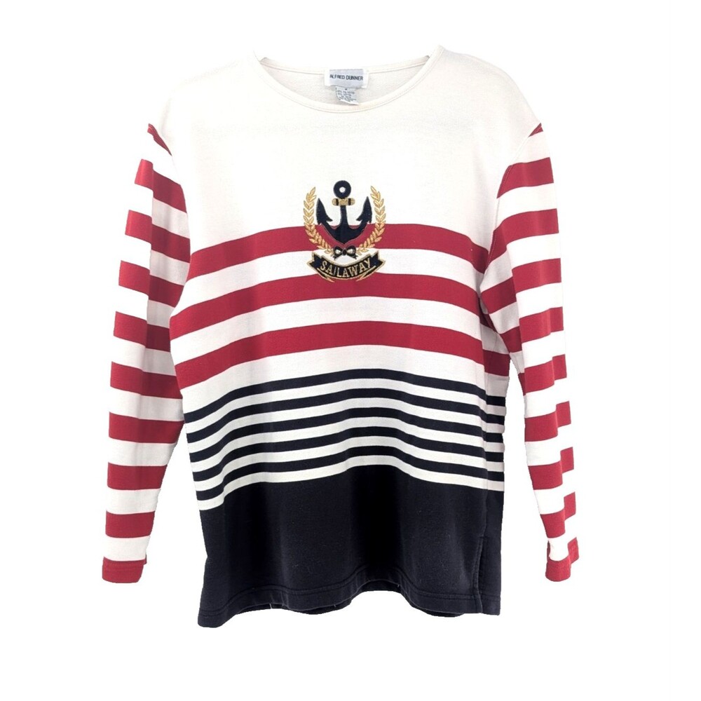 Alfred Dunner Vtg Sail Away Striped Anchor Embroidered Sweater Size Medium